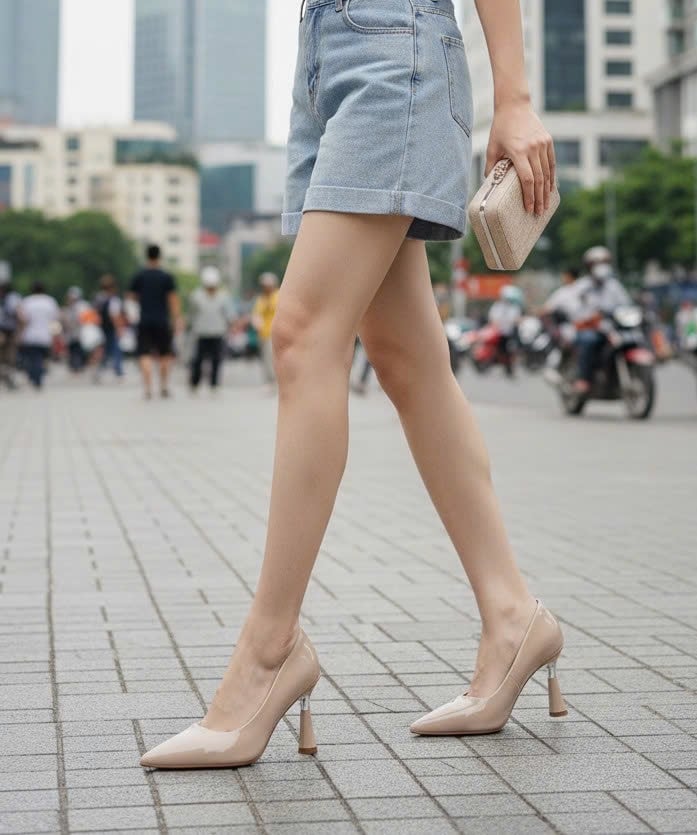 [Restock] Giày Cao Gót Nude Mũi Nhọn Da Bóng Gót 7cm Mạ Bạc Merly 1476 Kem Bóng Size 35-43, Giày Đi Tiệc Nhẹ Sang Trọng, Giày Cao Gót Big Size, Giày Công Sở Nữ