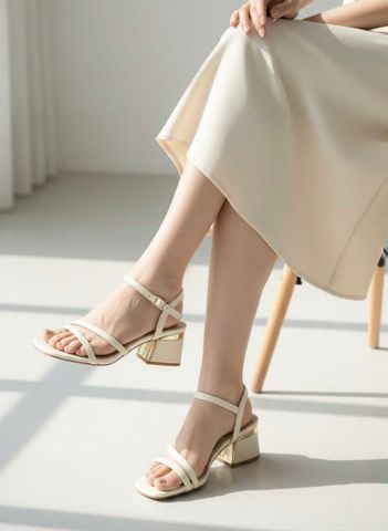 Sandal Dây Quai Mảnh Gót Thấp 5cm Merly 1659 Trắng Ivory, Sandal Dây, Xăng Đan Gót Vuông