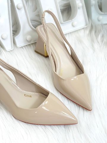 Giày Cao Gót Slingback Đế Vuông 6-7cm Mũi Nhọn Thon Chân Màu Kem Nude Bóng Merly 1490, Giày Bít Mũi, Giày Tiệc, Giày Công Sở Nữ, Giày Cao Gót Big Size
