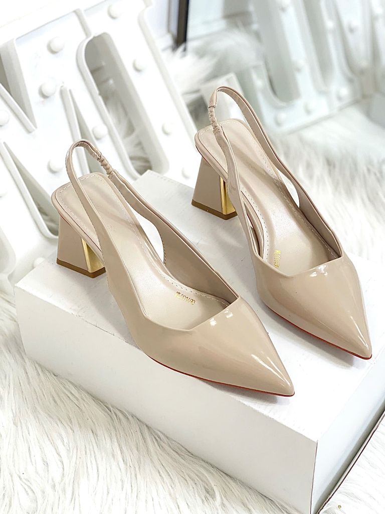 Giày Cao Gót Slingback Đế Vuông 6-7cm Mũi Nhọn Thon Chân Màu Kem Nude Bóng Merly 1490, Giày Bít Mũi, Giày Tiệc, Giày Công Sở Nữ, Giày Cao Gót Big Size