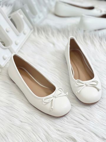 Giày Búp Bê Nơ Nhí Mũi Tròn Da Mềm Mại Merly 1636 Trắng Hạt Dẻ, Giày Búp Bê Big Size 35-43 Chuẩn Form, Phiên Bản Cải Tiến Của Giày Búp Bê Nơ 1038