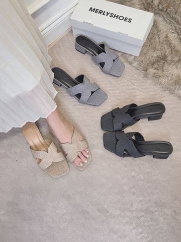 Guốc Nữ Chữ H Đế Thấp 3cm Merly 1637 Màu Nâu Jean Vintage Êm Ái BH 1 Năm, Guốc Nữ Bigsize 35-43