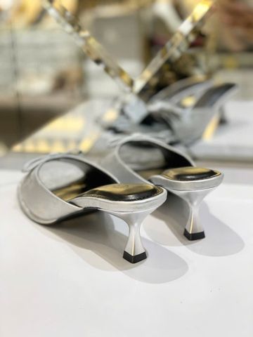 Guốc Gấm Nơ Xinh Gót Nhọn 5cm Merly 1646-5P Ghi Gấm, Dép Cao Gót Quai Ngang Đính Nơ, Guốc Nữ Bigsize, Mules, Dép Guốc Hè 2026