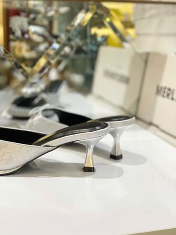 Guốc Gấm Nơ Xinh Gót Nhọn 5cm Merly 1646-5P Ghi Gấm, Dép Cao Gót Quai Ngang Đính Nơ, Guốc Nữ Bigsize, Mules, Dép Guốc Hè 2026