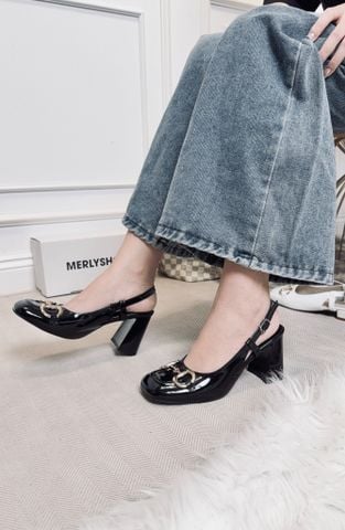 Giày Cao Gót Đen Bóng Merly 1585-7P Mũi Vuông Khóa GC Đế Vuông 7cm Big Size 35-43, Slingback, Giày Đi Tiệc, Giày Công Sở Nữ