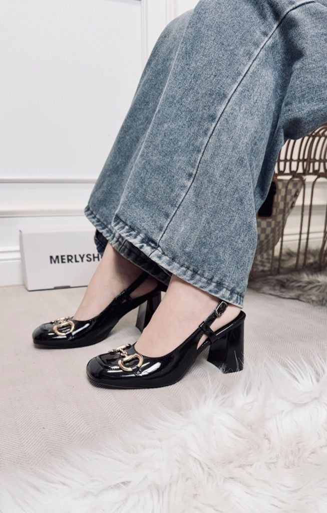 Giày Cao Gót Đen Bóng Merly 1585-7P Mũi Vuông Khóa GC Đế Vuông 7cm Big Size 35-43, Slingback, Giày Đi Tiệc, Giày Công Sở Nữ