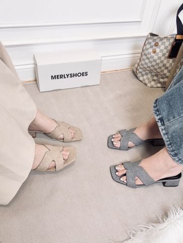 Guốc Nữ Chữ H Đế Thấp 3cm Merly 1637 Xám Jean Vintage Êm Ái, Dép Nữ Bigsize 35-43, Dép Quai Ngang Nữ