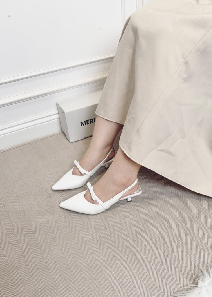 Giày Cao Gót Slingback Mũi Nhọn Trắng Đế Thấp 3cm Quai Ngang Đính Nơ Merly 1602 Trắng Bóng, Giày Cao Gót Big Size, Giày Đi Tiệc, Giày Cưới Cô Dâu
