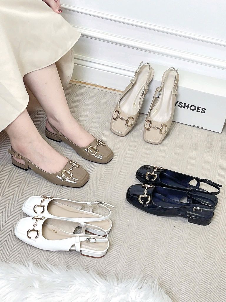 [Best Seller] Giày Búp Bê Mũi Vuông Nâu Sữa Sang Chảnh Merly 1585-2P Đế Thấp 2cm Khoá GC, Sandal Bít Mũi Hở Gót Bigsize 35-43, Giày Bệt Nữ, Giày Slingback, Giày Đế Vuông