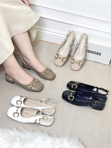 Giày Búp Bê Mũi Vuông Nâu Sữa Sang Chảnh Merly 1585-2P Đế Thấp 2cm Khoá GC, Sandal Bít Mũi Hở Gót Bigsize 35-43, Giày Bệt Nữ, Giày Slingback, Giày Đế Vuông