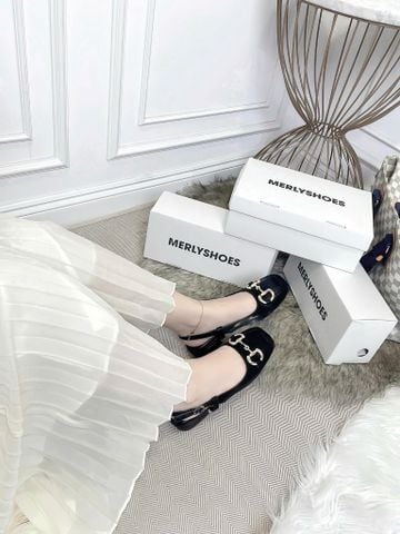 [Best Seller] Giày Bít Mũi Vuông Hở Gót Thấp 2cm Merly 1585-2P Đen Micro Khoá GC Bigsize 35-43, Giày Búp Bê Hở Gót, Giày Sục Nữ, Sandal Bít Mũi, Giày Bệt Nữ, Giày Slingback, Giày Đế Vuông