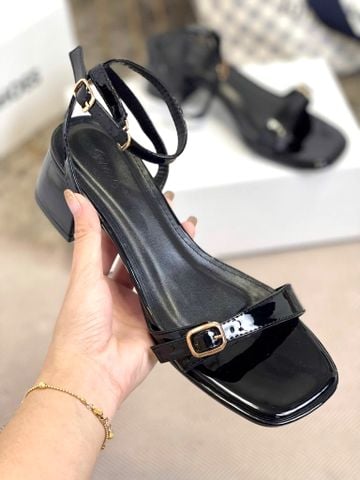 Sandal Cao Gót Đế Vuông 5cm Quai Ngang Mảnh Khóa Merly 1640 Đen Bóng Bigsize 35-43, Giày Cao Gót Mặc Áo Dài