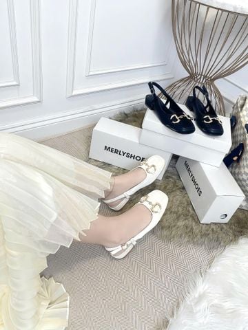 [Best Seller] Giày Bít Mũi Hở Gót Đế Vuông Thấp 2cm Merly 1585-2P Kem Micro Khoá GC Bigsize 35-43, Giày Búp Bê Hở Gót, Giày Sục Nữ, Sandal Bít Mũi, Giày Bệt Nữ, Giày Slingback, Giày Đế Vuông