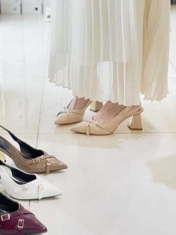 Giày Cao Gót Mũi Nhọn Gót Vuông Cao 6-7cm Merly 1608 Màu Nude