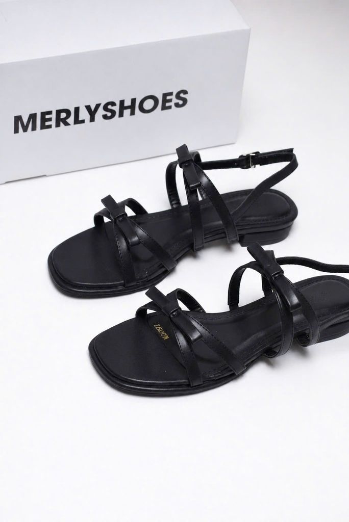 Giày Xăng Đan Nữ Gót Thấp 2cm Dây Mảnh Đính Nơ Merly 1672 Đen Huyền, Sandal Dây, Sandal Bệt, Sandal Nơ Xinh, Sandal Tiểu Thư, Sandal Hè 2026, Sandal Big Size 35-43