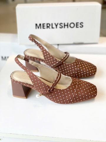 Giày Búp Bê Cao Gót Có Quai Ngang Đế Vuông 5cm Phong Cách Tiểu Thư Merly 1588 Nâu Chấm Bi, Giày Nữ Công Sở, Giày Mary Jane, Giày Cao Gót Big Size, Giày Slingback, Giày Chấm Bi