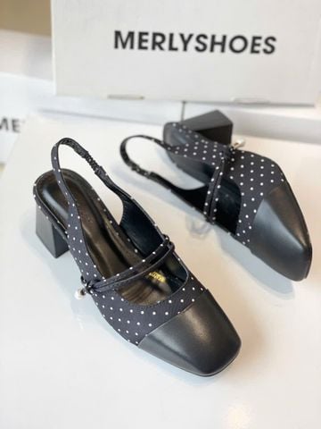 Giày Búp Bê Cao Gót Có Quai Ngang Đế Vuông 5cm Phong Cách Tiểu Thư Merly 1588 Đen Chấm Bi, Giày Nữ Công Sở, Giày Mary Jane, Giày Cao Gót Big Size, Giày Slingback, Giày Chấm Bi