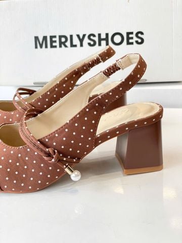 Giày Búp Bê Cao Gót Có Quai Ngang Đế Vuông 5cm Phong Cách Tiểu Thư Merly 1588 Nâu Chấm Bi, Giày Nữ Công Sở, Giày Mary Jane, Giày Cao Gót Big Size, Giày Slingback, Giày Chấm Bi