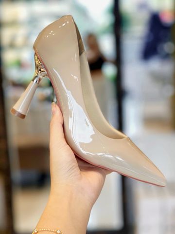 [Restock] Giày Cao Gót Nude Mũi Nhọn Da Bóng Gót 7cm Mạ Bạc Merly 1476 Kem Bóng Size 35-43, Giày Đi Tiệc Nhẹ Sang Trọng, Giày Cao Gót Big Size, Giày Công Sở Nữ