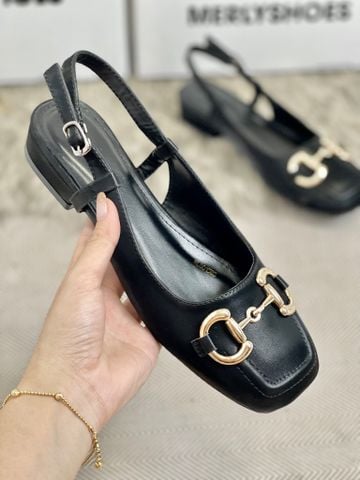 [Best Seller] Giày Bít Mũi Vuông Hở Gót Thấp 2cm Merly 1585-2P Đen Micro Khoá GC Bigsize 35-43, Giày Búp Bê Hở Gót, Giày Sục Nữ, Sandal Bít Mũi, Giày Bệt Nữ, Giày Slingback, Giày Đế Vuông