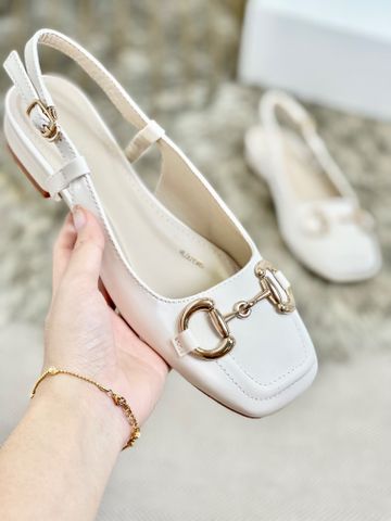 [Best Seller] Giày Bít Mũi Hở Gót Đế Vuông Thấp 2cm Merly 1585-2P Kem Micro Khoá GC Bigsize 35-43, Giày Búp Bê Hở Gót, Giày Sục Nữ, Sandal Bít Mũi, Giày Bệt Nữ, Giày Slingback, Giày Đế Vuông