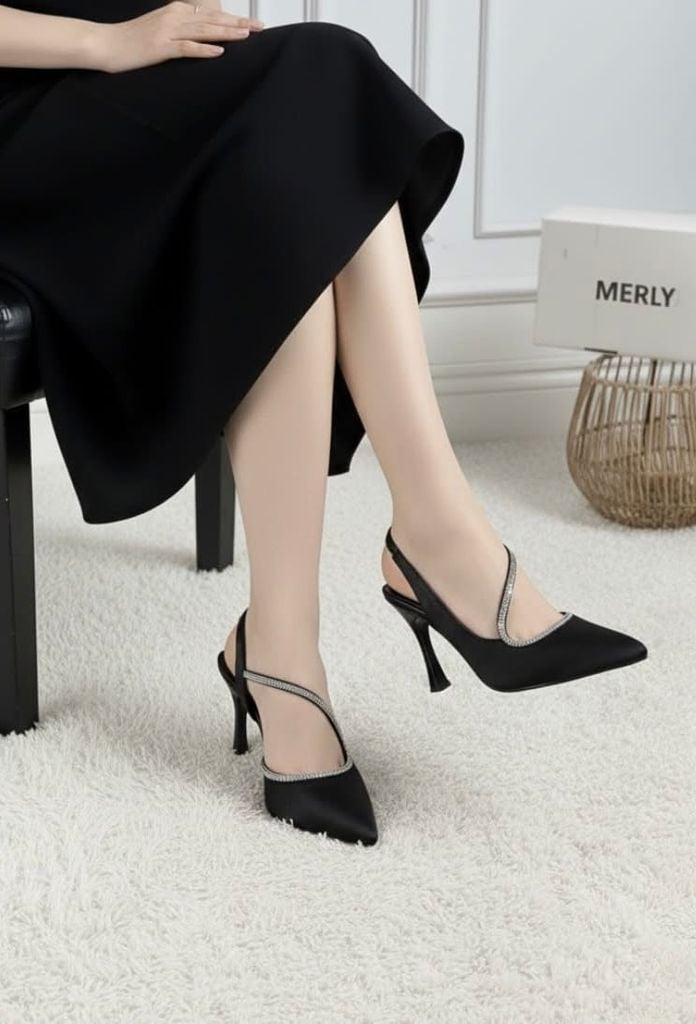 [New Color] Giày Đi Tiệc Mũi Nhọn 9cm Đen Dây Đá Chéo Big Size 35-43 Merly 1577 Đen Gân, Giày Slingback, Sandal Bít Mũi Hở Gót, Giày Đi Tiệc, Giày Cưới Cô Dâu, Giày Cao Gót Big Size