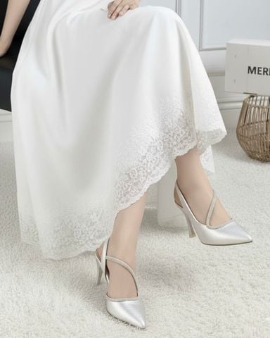 Giày Cao Gót Bạc Đi Tiệc Mũi Nhọn 9cm Nhũ Dây Đá Chéo, Giày Cao Gót Đi Tiệc Bigsize