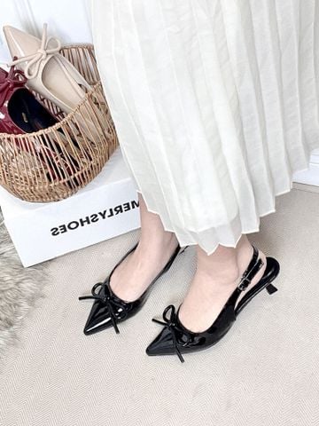 Giày Cao Gót Nơ Phồng Mũi Nhọn Hở Gót Merly