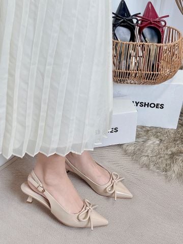 [New 3cm] Giày Cao Gót Nơ Phồng 3cm Mũi Nhọn Hở Gót Merly 1634-3p Kem Bóng Gót Thấp 3cm, Giày Đi Tiệc, Giày Cao Gót Đen, Giày Công Sở Nữ, Giày Cao Gót Big Size, Giày Cao Gót Mặc Áo Dài