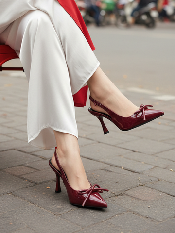 [TẾT] Giày Cao Gót Đỏ Nơ Slingback Mũi Nhọn Merly 1634-9p Đỏ Bóng Gót Nhọn 9cm, Giày Đi Tiệc, Giày Công Sở Nữ, Giày Cao Gót Big Size, Giày Cao Gót Mặc Áo Dài