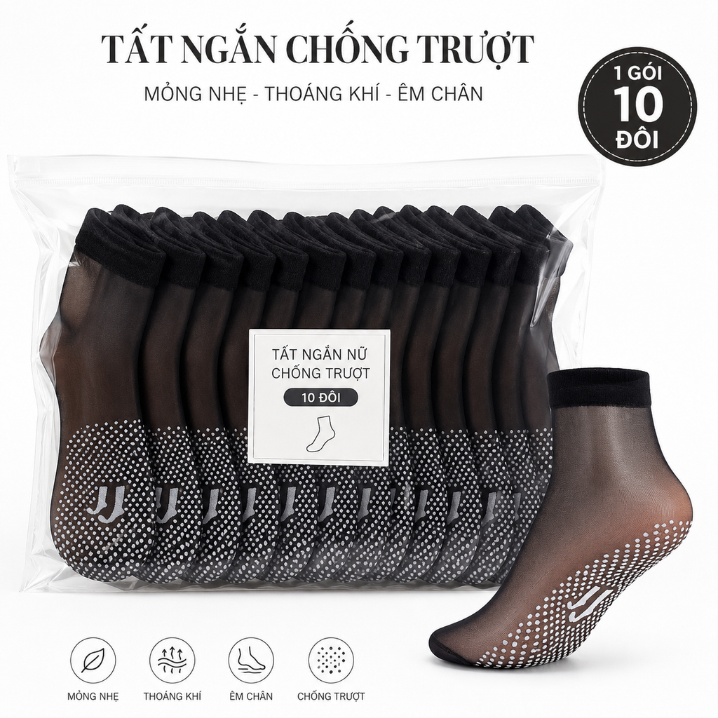 Combo 10 Đôi Tất Vớ Ngắn Nữ Xuyên Thấu Chống Trượt Đế Silicon, Vớ Cổ Ngắn Mỏng Nhẹ Merly