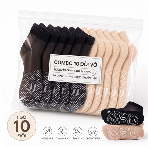 Combo 10 Đôi Tất Vớ Ngắn Nữ Xuyên Thấu Chống Trượt Đế Silicon, Vớ Cổ Ngắn Mỏng Nhẹ Merly