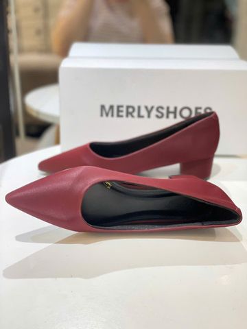 Giày Bít Mũi Gót Thấp 3cm Merly 1645 Đỏ Burgundy, Giày Công Sơ Nữ, Giày Đế Thấp, Giày Đế Vuông, Giày Búp Bê Cao Gót, Giày Big Size Nữ