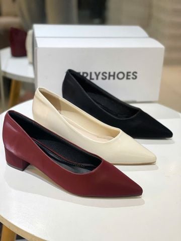 Giày Bít Mũi Gót Thấp 3cm Merly 1645 Đỏ Burgundy, Giày Công Sơ Nữ, Giày Đế Thấp, Giày Đế Vuông, Giày Búp Bê Cao Gót, Giày Big Size Nữ