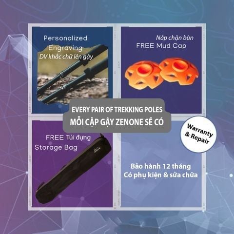  Gậy leo núi chạy trail siêu nhẹ Zenone Z2401 full carbon - Black Gold 