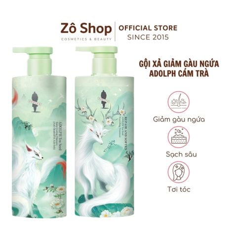 Set gội xả cám trà giảm gàu ngứa Adolph Tea Seed Scalp Cooling (Anti-Dandruff & Anti-Itch) 500ml