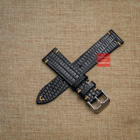Dây đồng hồ da kì đà ĐEN, da thật, may thủ công handmade  kèm khóa, size 18mm - 19mm - 20mm - 21mm - 22mm
