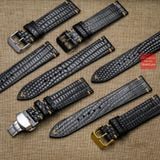 Dây đồng hồ da kì đà ĐEN, da thật, may thủ công handmade  kèm khóa, size 18mm - 19mm - 20mm - 21mm - 22mm