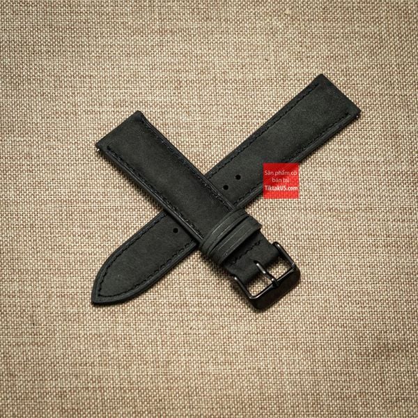 Dây đồng hồ da bò thật - da bò sáp loang màu xám đen kèm khóa, đủ size 18mm-19mm-20mm-21mm-22mm