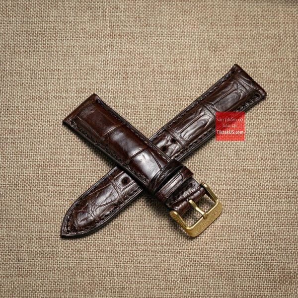 Dây đồng hồ da cá sấu thật màu NÂU may thủ công kèm khóa, size 18mm-19mm-20mm-21mm-22mm