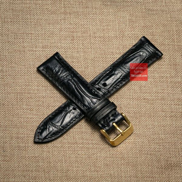 Dây đồng hồ da cá sấu thật màu ĐEN may thủ công kèm khóa, size 18mm - 19mm - 20mm - 21mm - 22mm