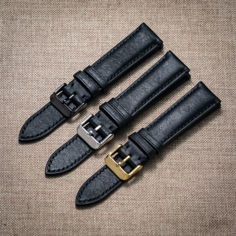 Dây đồng hồ da bò thật, da thảo mộc Pueblo màu ĐEN may thủ công handmade size 18-19-20-21-22mm