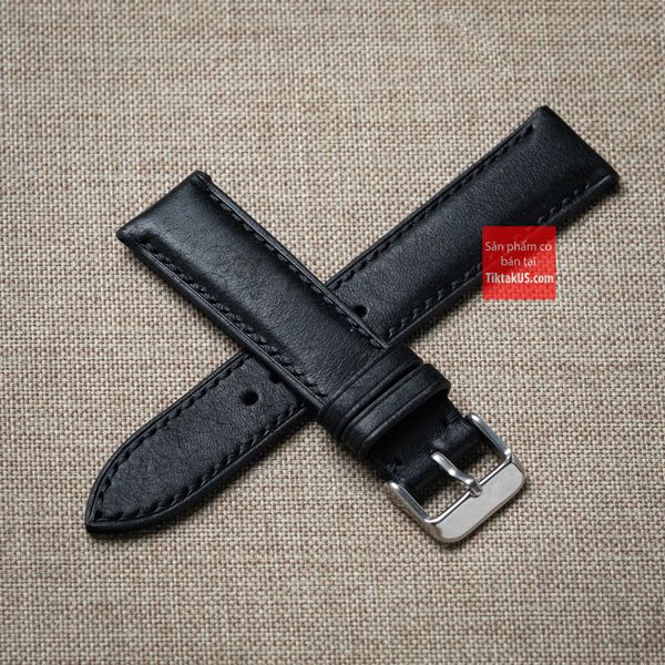 Dây đồng hồ da bò thật, da thảo mộc Pueblo màu ĐEN may thủ công handmade size 18-19-20-21-22mm