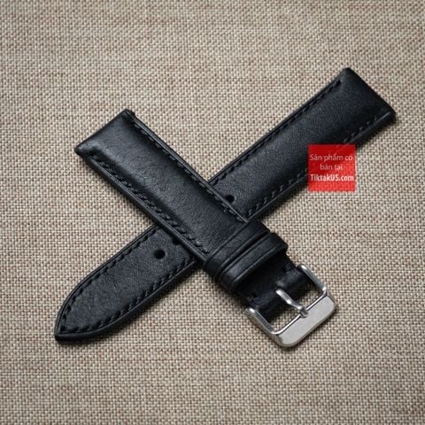 Dây đồng hồ da bò thật, da thảo mộc Pueblo màu ĐEN may thủ công handmade size 18-19-20-21-22mm