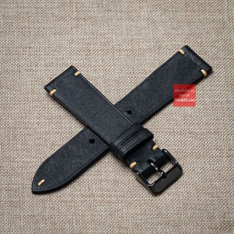 Dây đồng hồ da bò thật, da thảo mộc Pueblo không chỉ viền màu ĐEN may thủ công handmade size 18-19-20-21-22mm