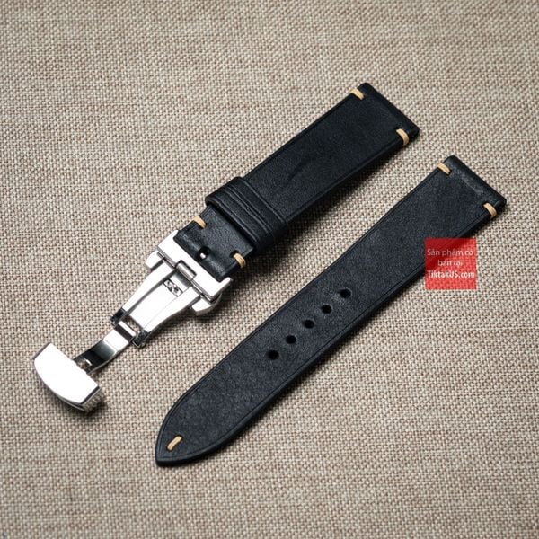 Dây đồng hồ da bò thật, da thảo mộc Pueblo màu ĐEN không chỉ viền kèm khóa chống gãy dây may thủ công handmade size 18-19-20-21-22mm