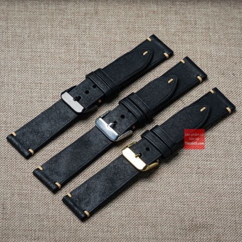 Dây đồng hồ da bò thật, da thảo mộc Pueblo không chỉ viền màu ĐEN may thủ công handmade size 18-19-20-21-22mm