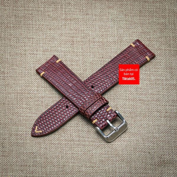 Dây đồng hồ da kì đà Nâu Đỏ, da thật, may thủ công handmade  kèm khóa, size 18mm - 19mm - 20mm - 21mm - 22mm