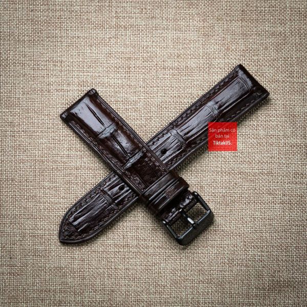 Dây đồng hồ da cá sấu màu NÂU ĐẬM may thủ công hand made kèm khóa,size 18-19-20-21-22mm