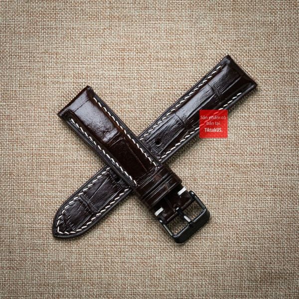Dây đồng hồ da cá sấu màu NÂU ĐẬM may thủ công chỉ trắng hand made kèm khóa,size 18-19-20-21-22mm